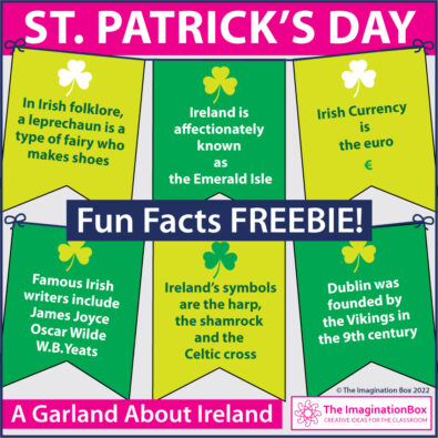 green printable garland with facts aboyt ireland for st patricks day