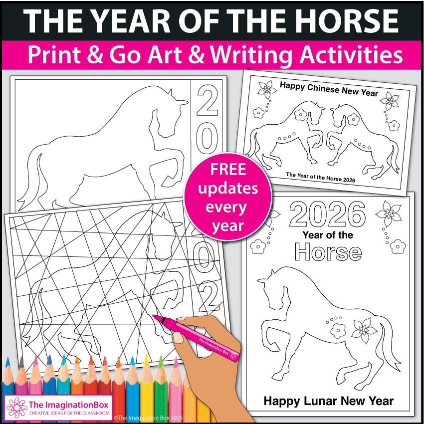 Year of the Horse 2026 coloring page worksheets for kids