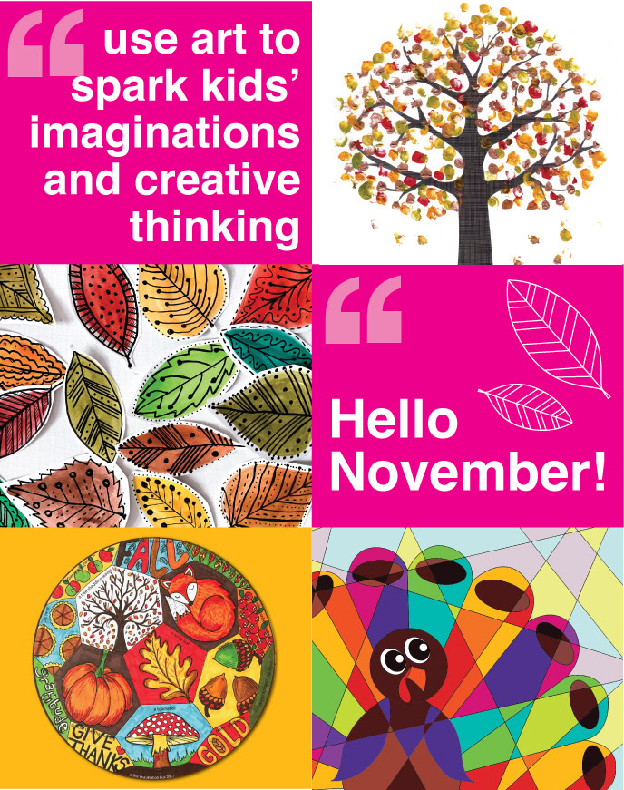 6 squares with fall and thanksgiving art images and words on them