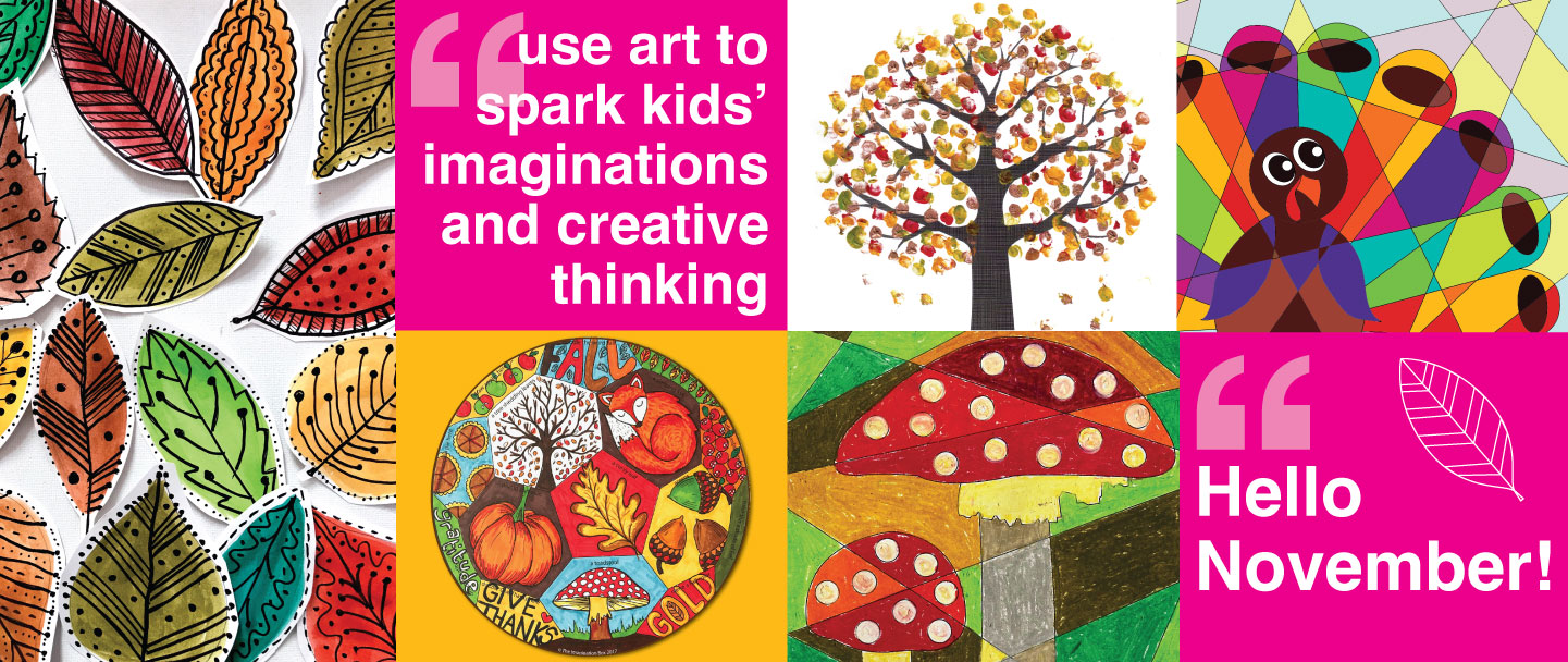 8 squares with fall and thanksgiving art images and words on them