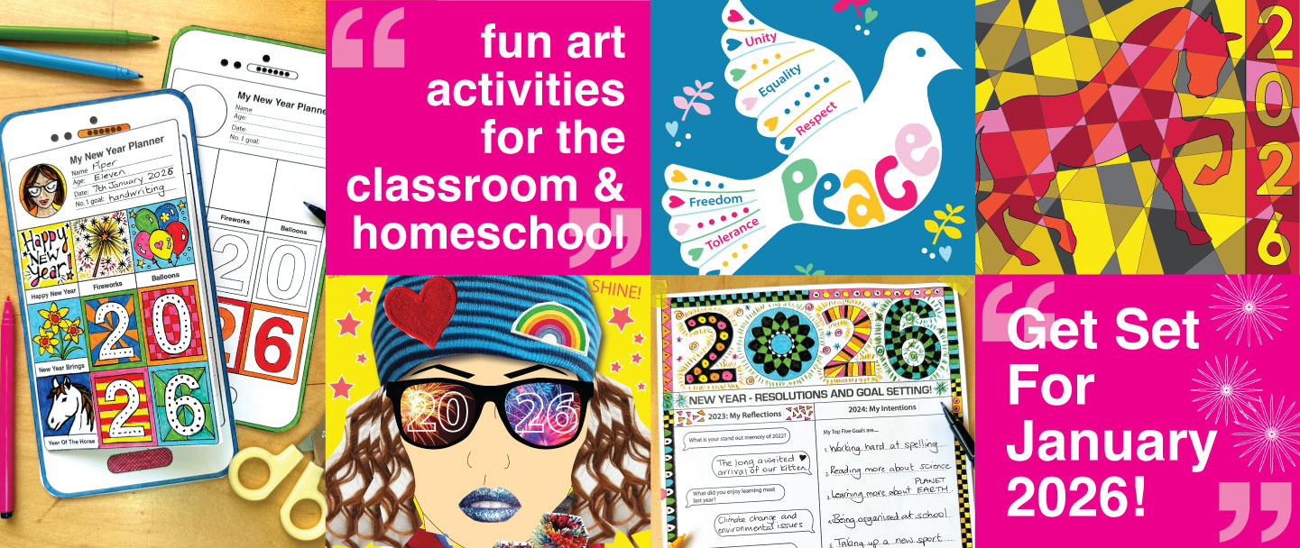 6 squares with New Year 2026 art images and words on them